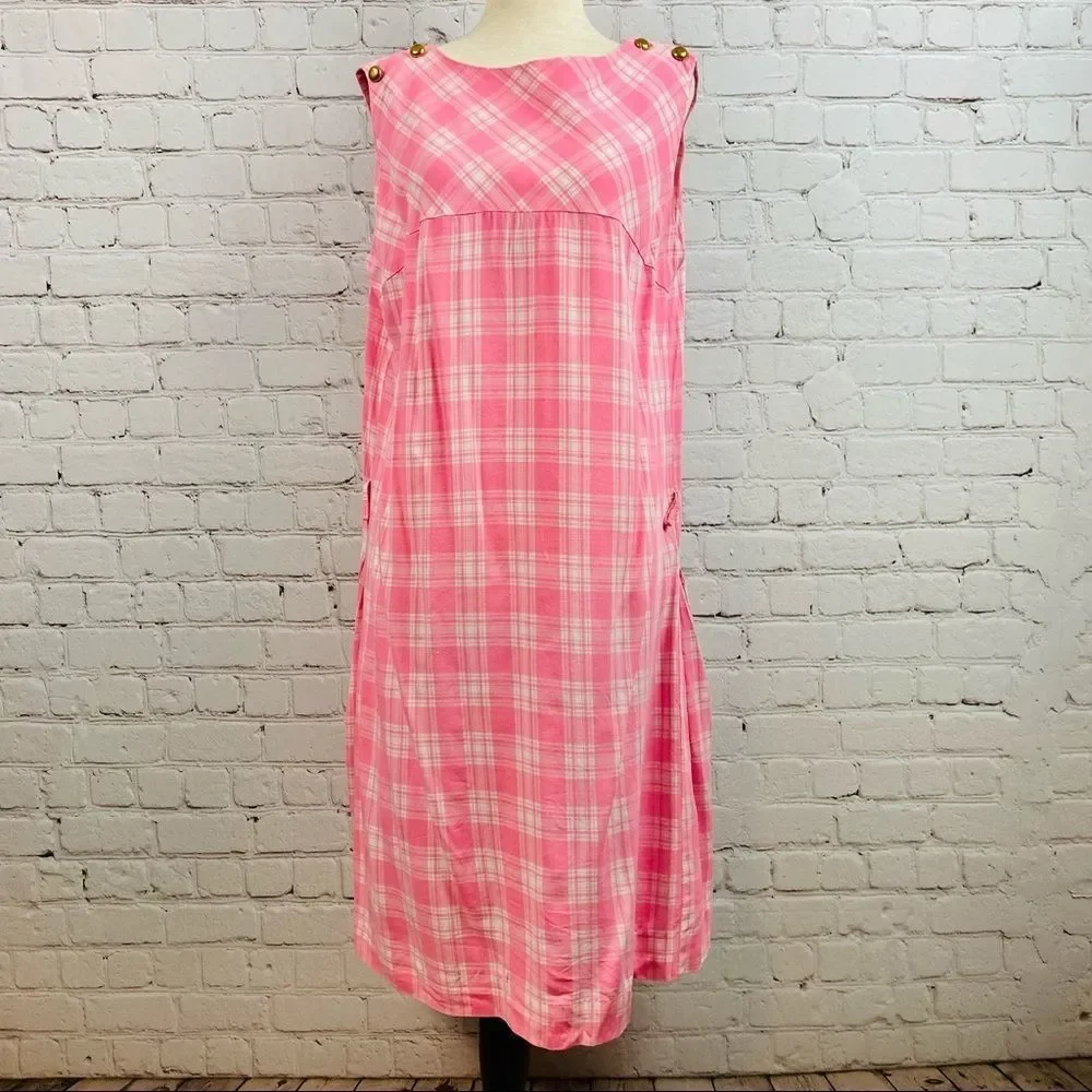 Vintage Pink Plaid Midi Dress Crew neck Sleeveless contour empire waist - Picture 2 of 11